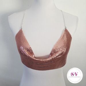 Rose Gold sequin crop halter top with silver chain straps